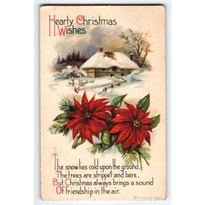 Vintage 1918 Christmas Postcard with Poinsettias & Snowy Cottage
